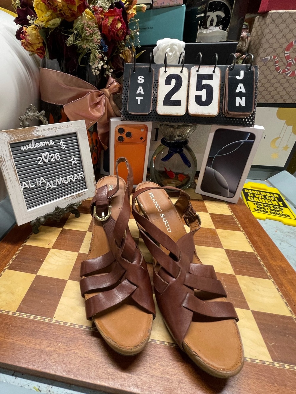 Franco Sarto Brown Leather Strappy Wedge Sandals